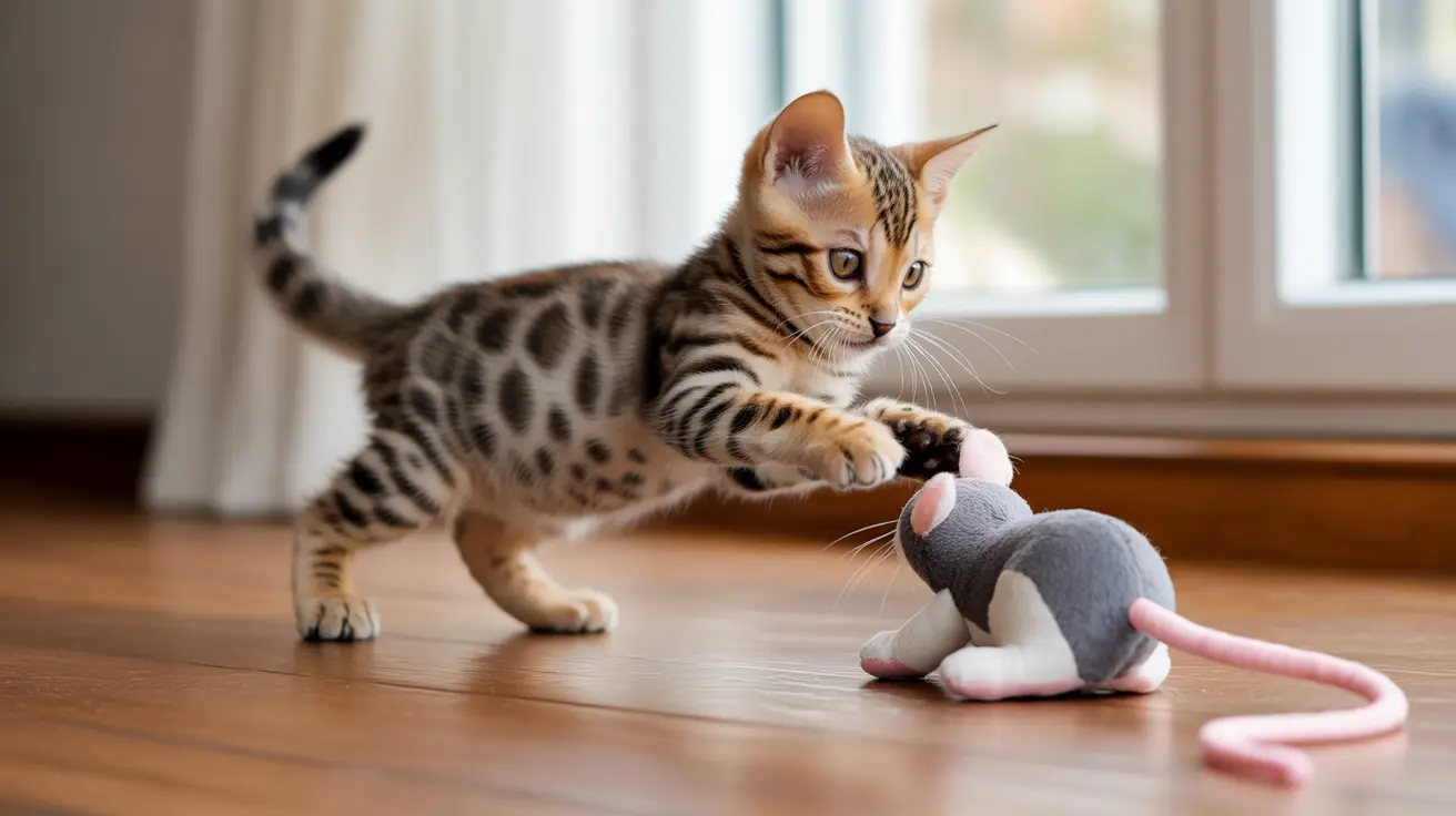 A young Bengal kitten playing with a stuffed mouse toy near a window