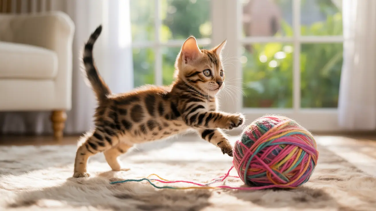 Playful Bengal kitten batting at a colorful ball of yarn near a bright window