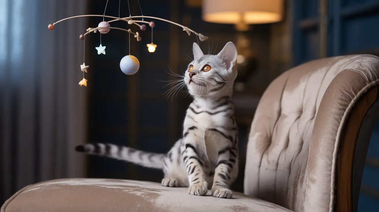 A Bengal kitten sitting upright on a plush chair, looking intently at a hanging mobile with planetary and star decorations