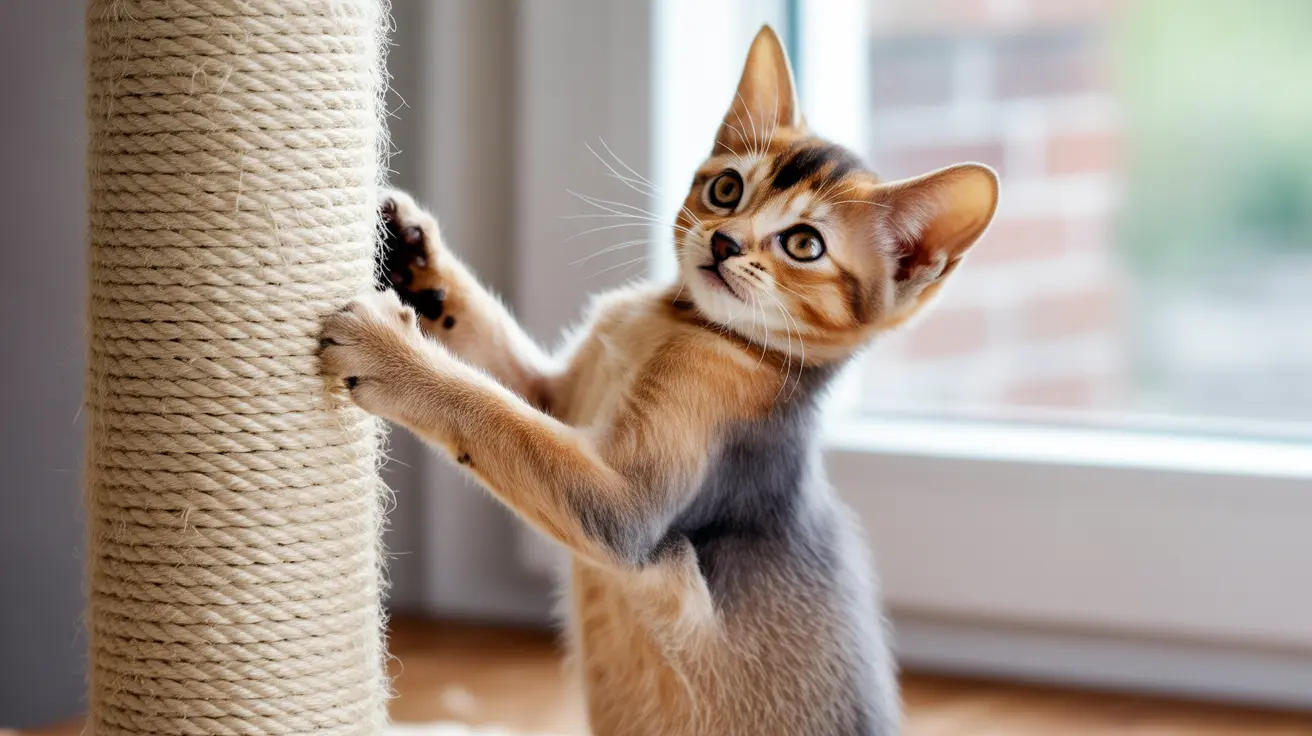 A playful Bengal kitten stretching and clinging to a sisal-covered scratching post near a window