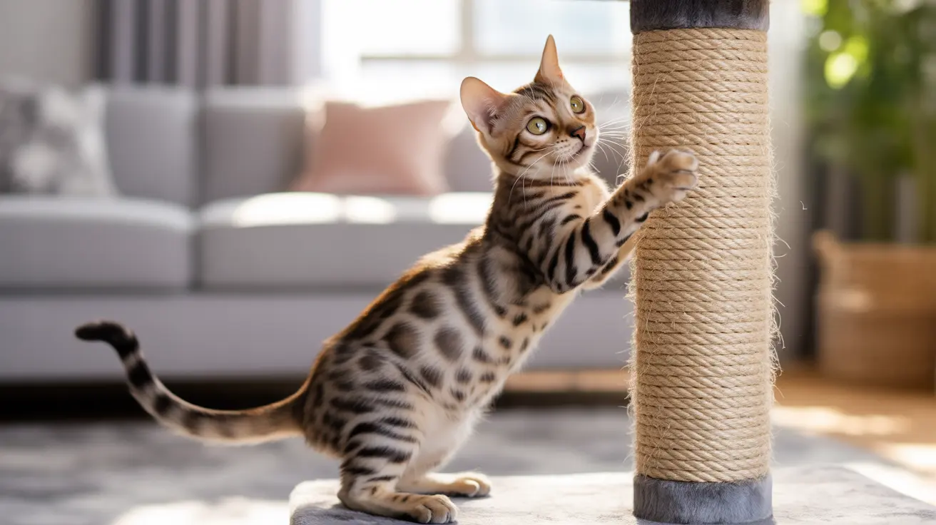 ベンガルの子猫が現代的なリビングルームで、麻縄が巻かれたキャットタワーに向かって体を伸ばして爪とぎをしている様子