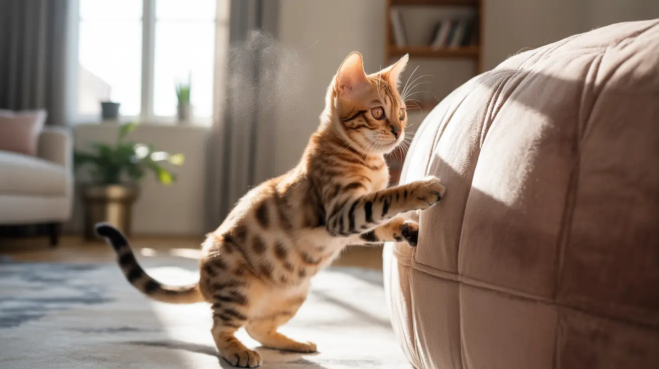 A Bengal kitten stretching up towards a beige couch in a sunlit room