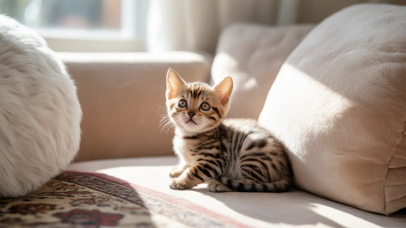 A young Bengal kitten sitting alert on a soft beige couch, bathed in warm sunlight.