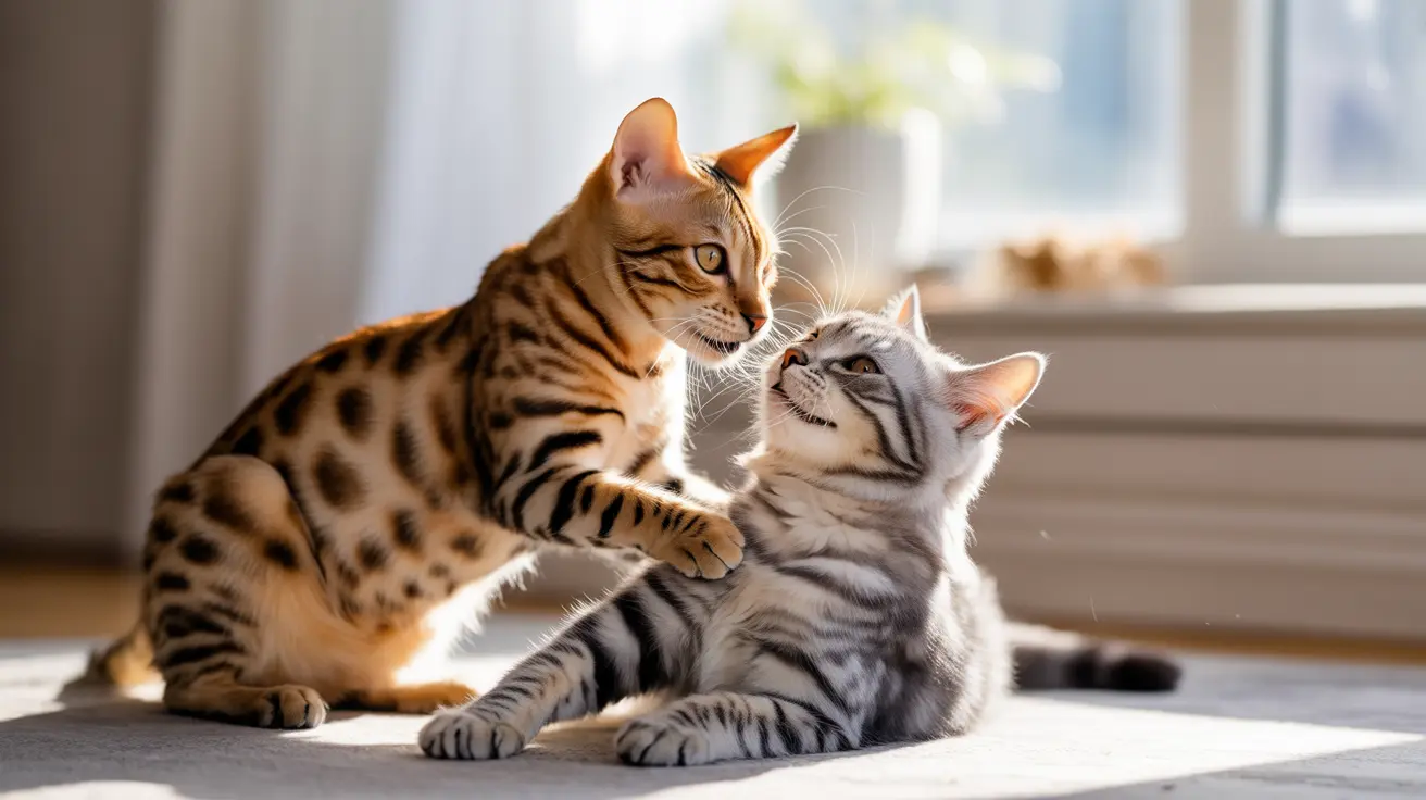 Two cats interacting affectionately near a bright window, with one Bengal and one silver tabby cat sitting close together
