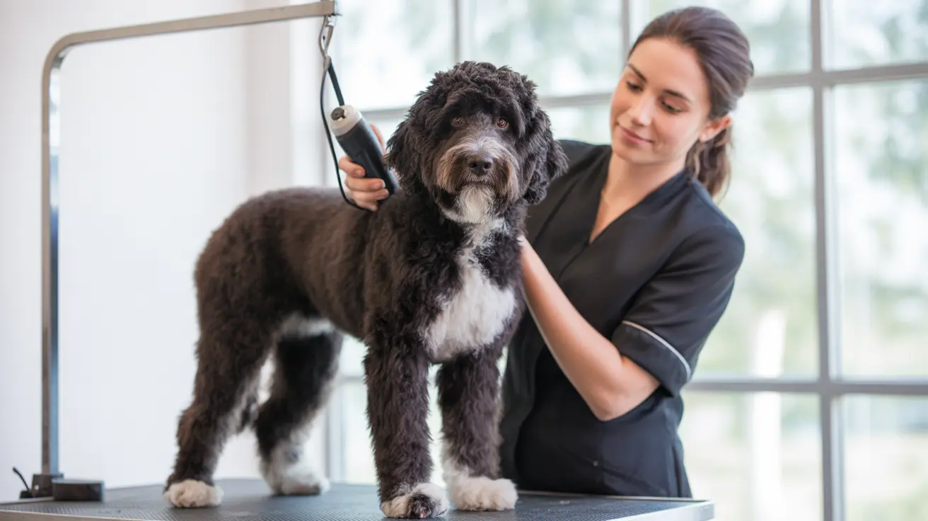 A fluffy black and white Bernedoodle being groomed by a professional groomer in a bright salon with large windows