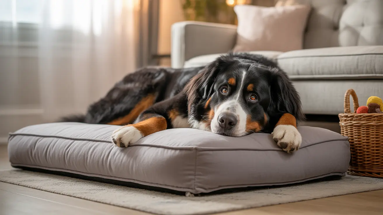 A Bernese Mountain Dog resting on a gray dog bed in a living room