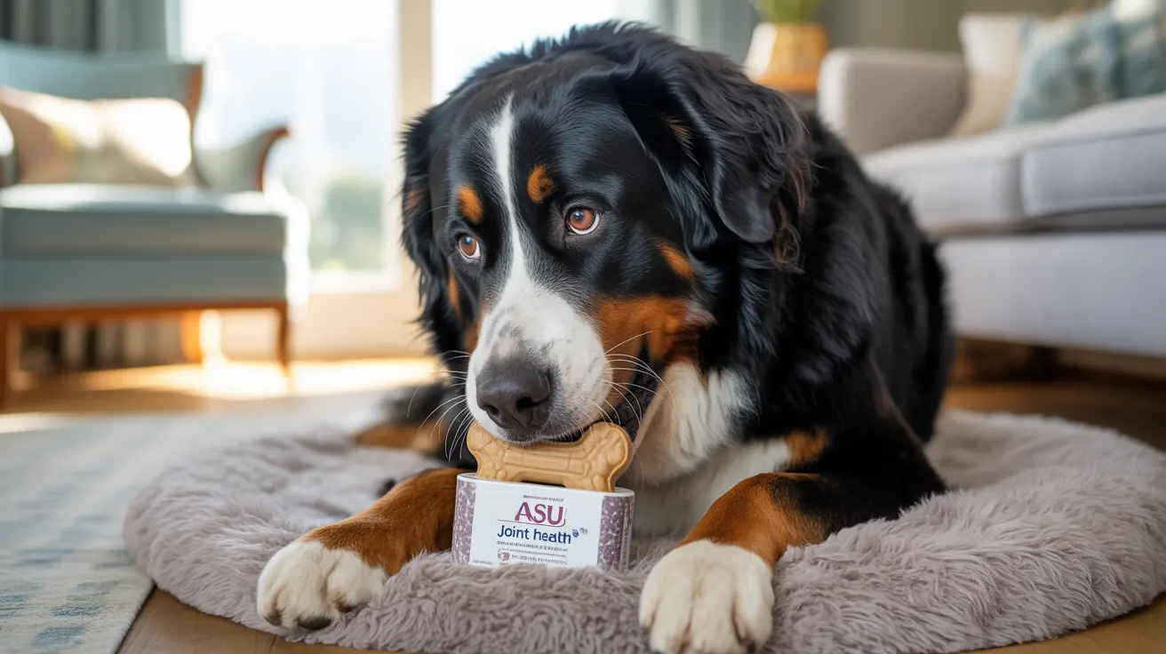 Um cão da raça Bernese Mountain segurando um petisco em forma de osso na boca, vindo de um recipiente de suplemento de saúde articular da ASU.