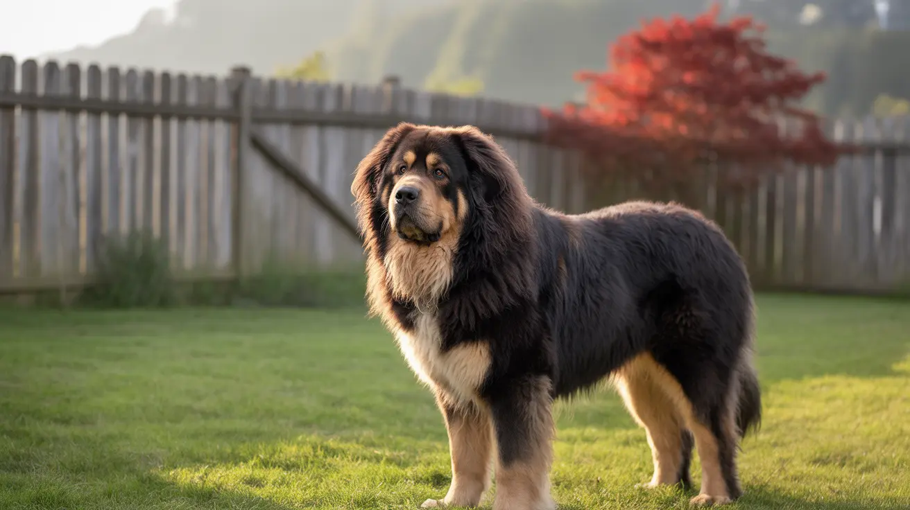 A majestic Bernese Mountain Dog standing confidently in a backyard on a misty morning