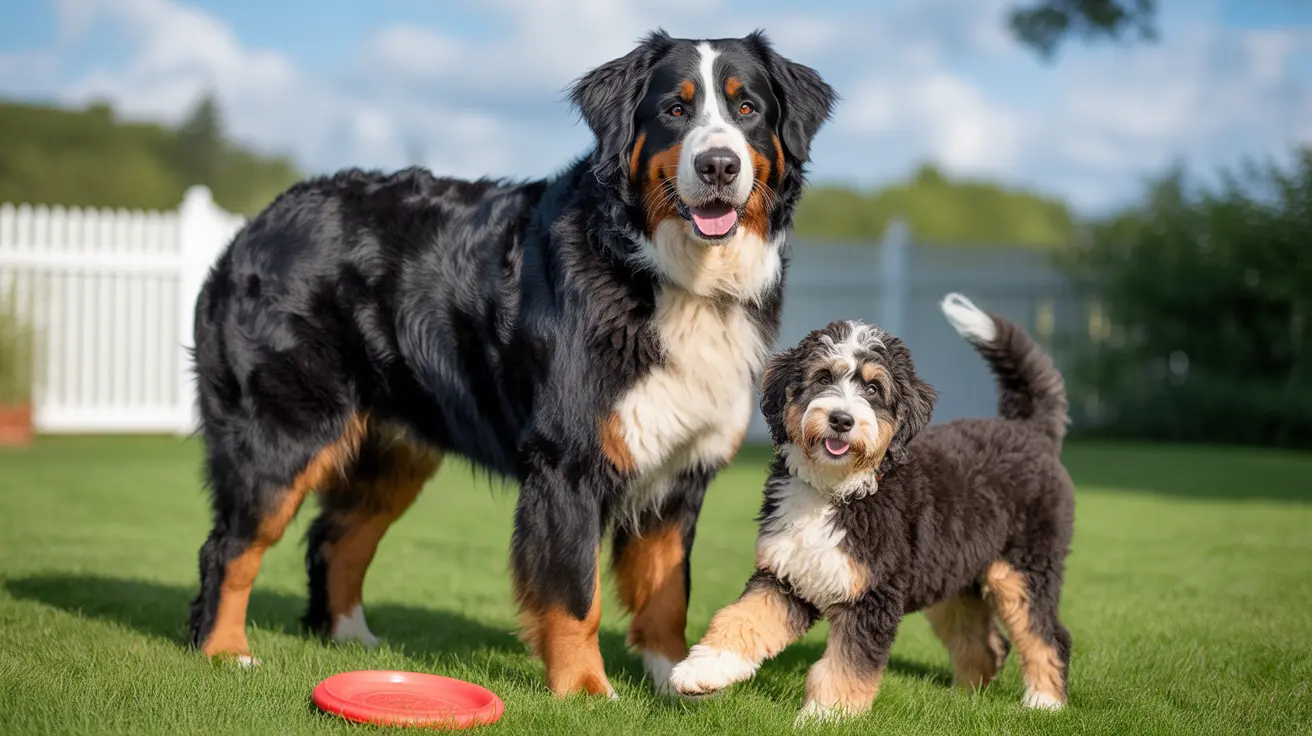 Large Bernese Mountain Dog standing next to smaller Bernedoodle puppy on manicured lawn with red frisbee nearby