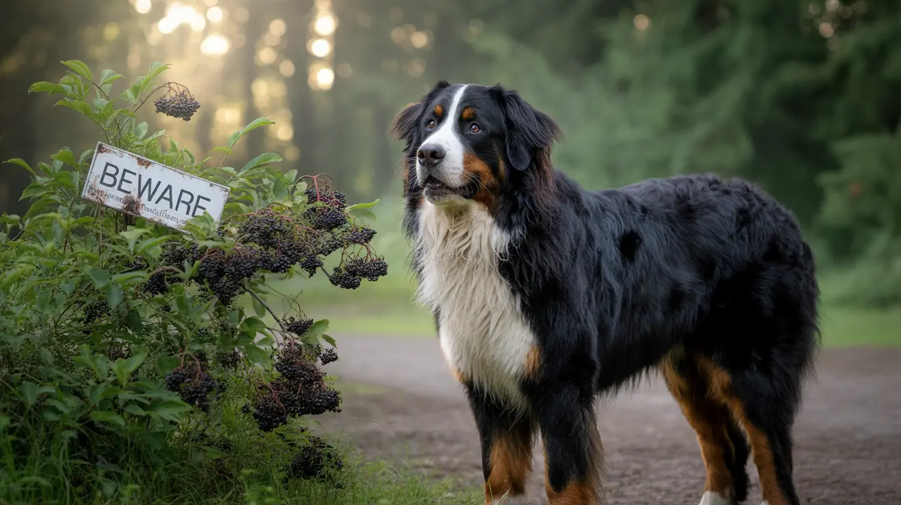 Bernese Mountain Dog near a 'Beware' sign with dark berries in a misty forest