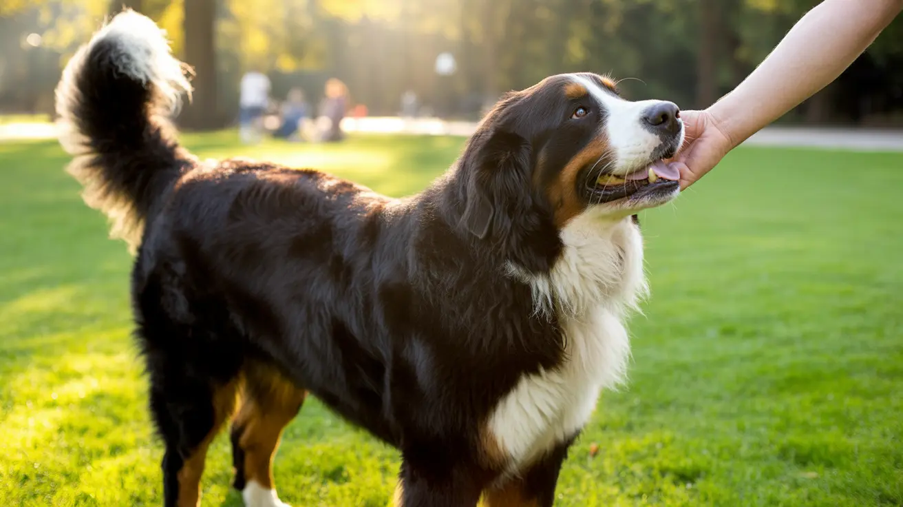 A Bernese Mountain Dog receiving affection from a hand in a sunlit park setting