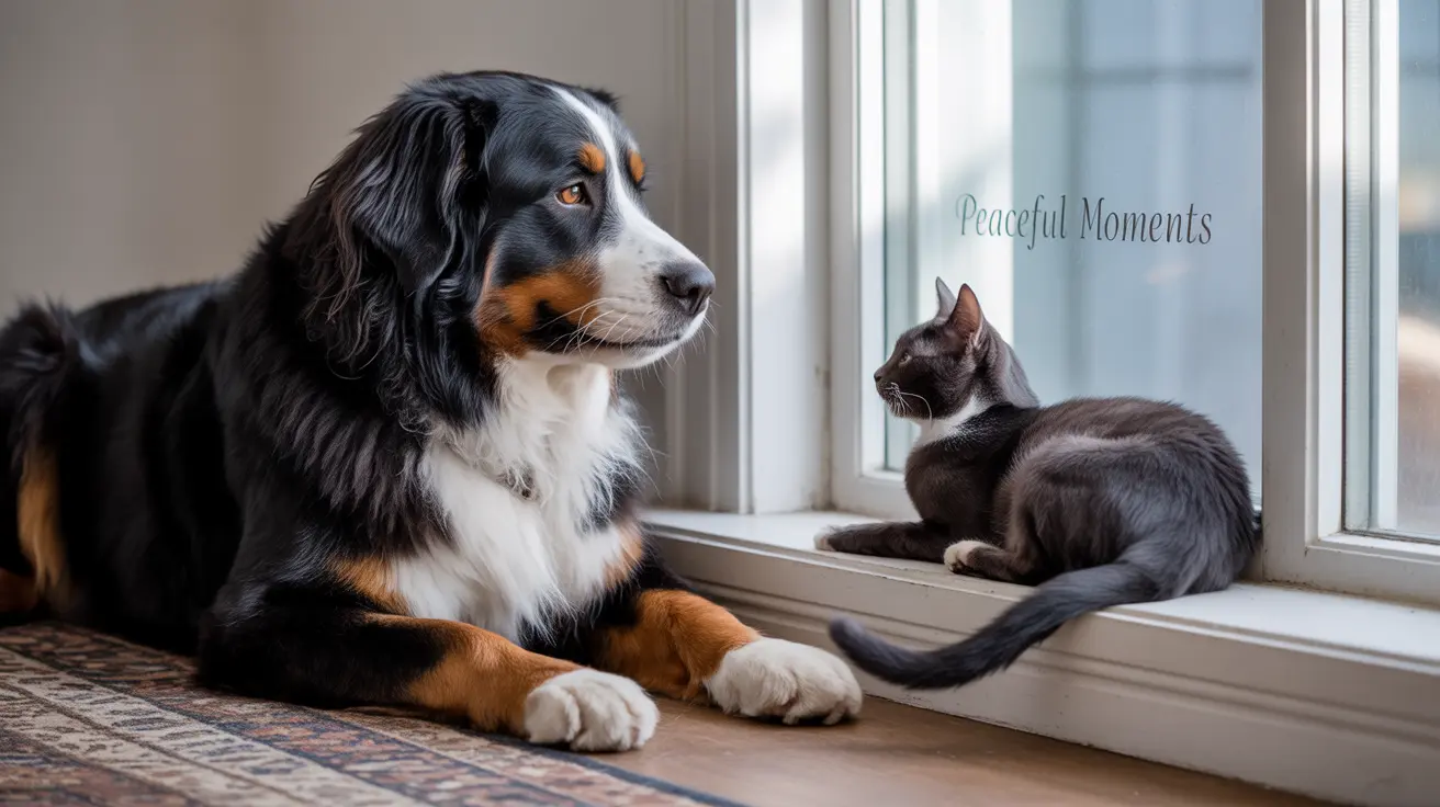 A Bernese Mountain Dog and a gray cat sitting quietly together near a window