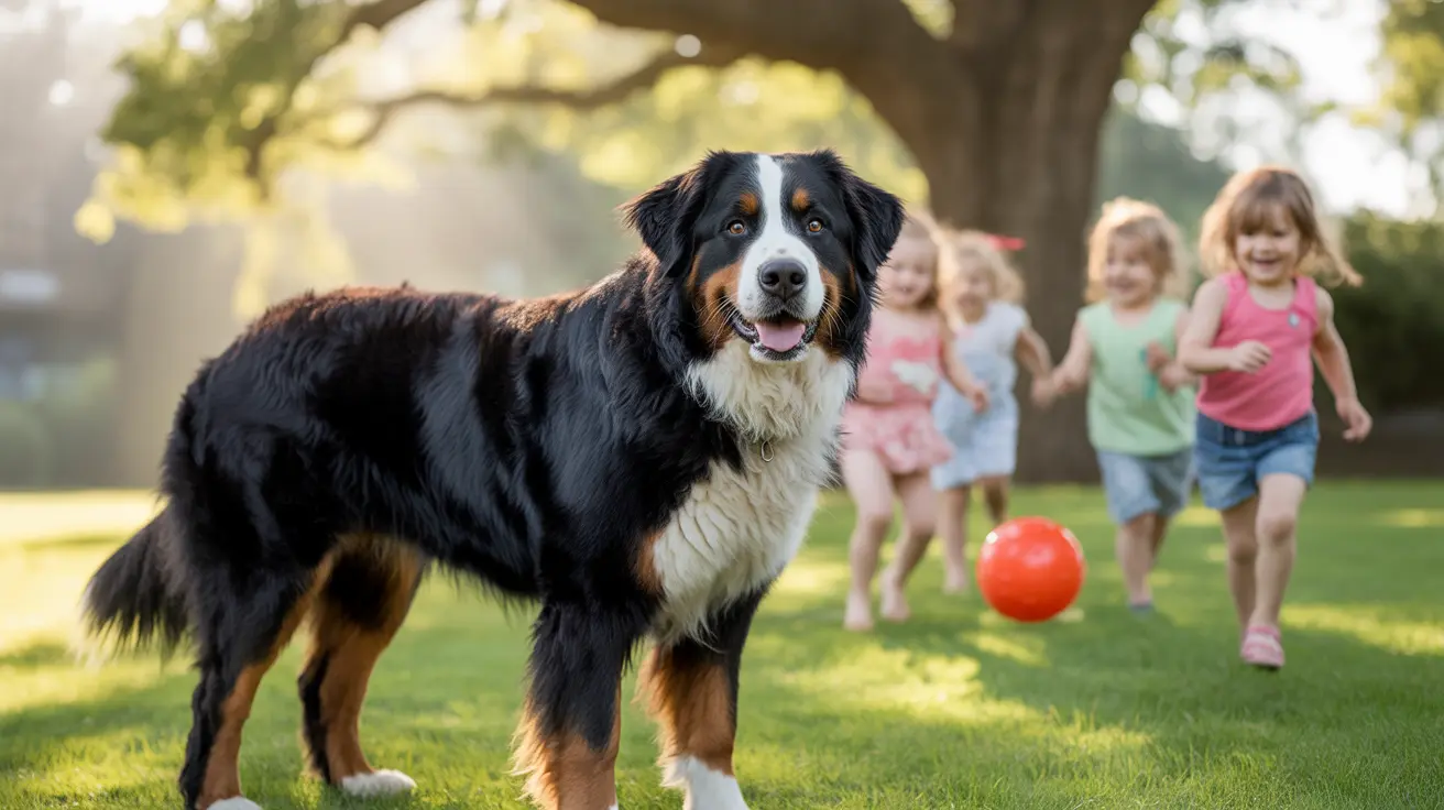 Bernese Mountain Dog standing in a sunny grassy area with children playing with a red ball in the background