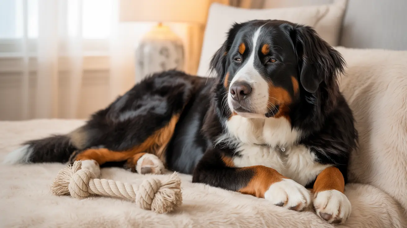 Bernese Mountain Dog resting on beige couch with rope toy in bright living room
