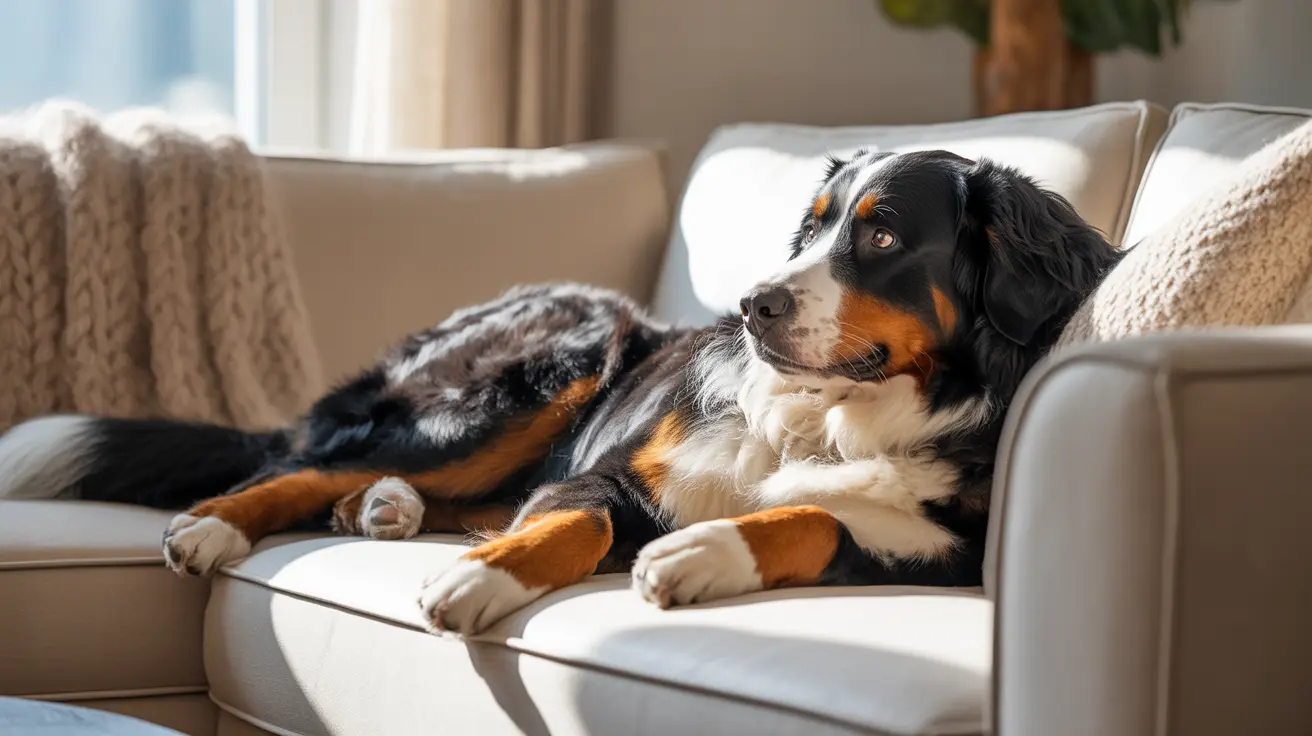 Bernese Mountain Dog resting on beige sectional sofa in cozy living room