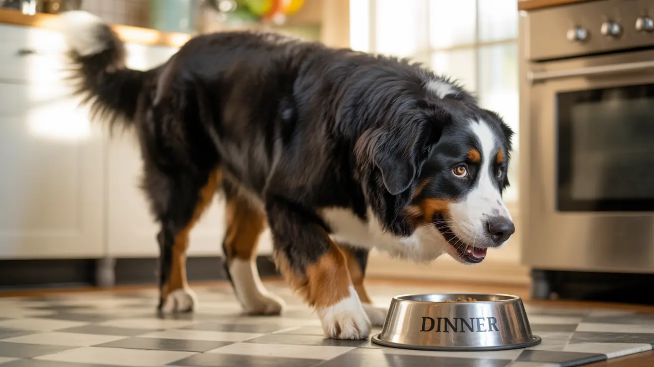 A Bernese Mountain Dog standing near its dinner bowl in a bright kitchen