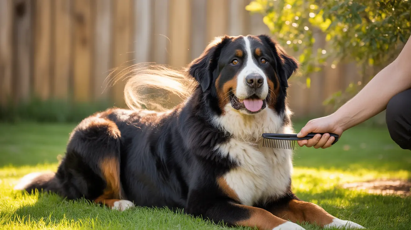 Un boyero de Berna feliz siendo cepillado en un patio trasero soleado