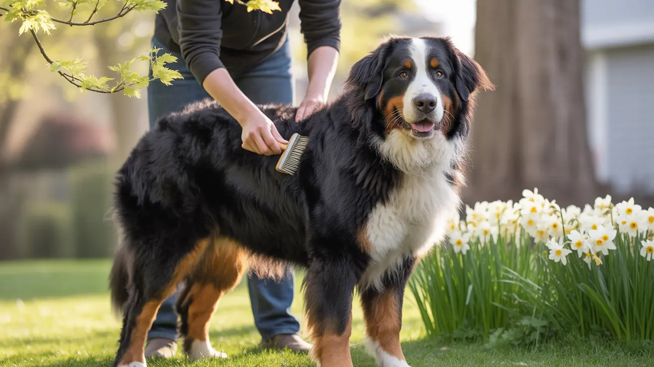 A Bernese Mountain Dog being groomed with a brush in a spring garden setting