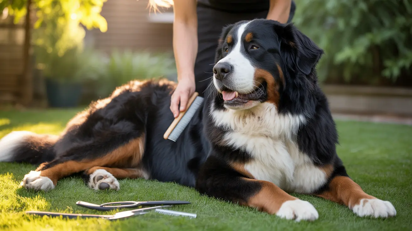 A Bernese Mountain Dog receiving grooming in a sunlit backyard setting