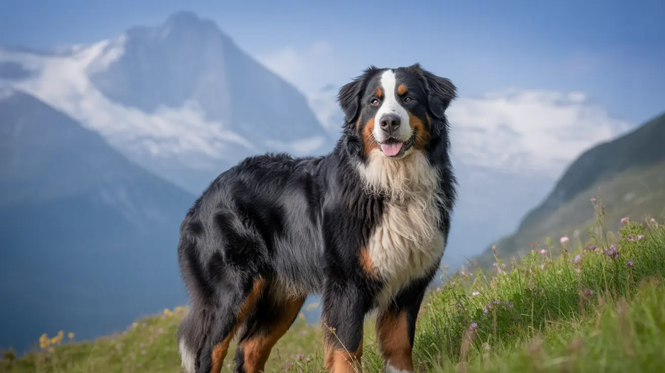 Majestic Bernese Mountain Dog standing on a grassy hillside with snow-capped mountains in the background