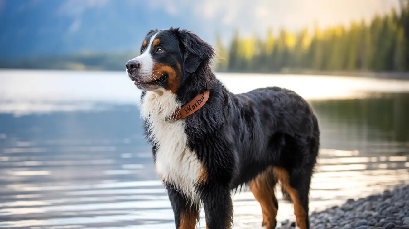 A majestic Bernese Mountain Dog standing on a rocky lakeshore with a scenic mountain and forest background