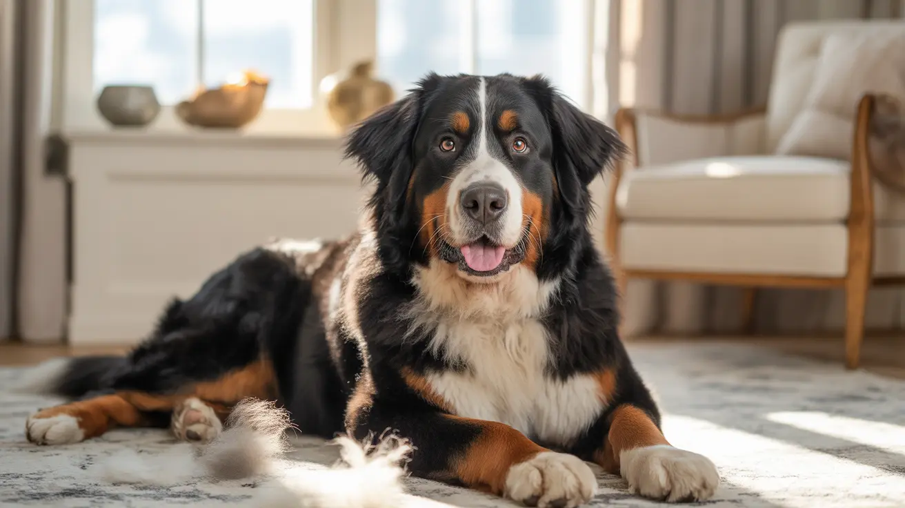 Bernese Mountain Dog lying on patterned rug in bright living room