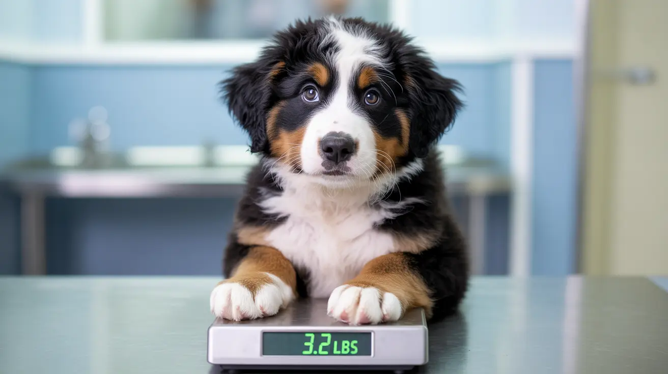 A young Bernese Mountain Dog puppy sitting on a scale, displaying its current weight of 3.2 pounds