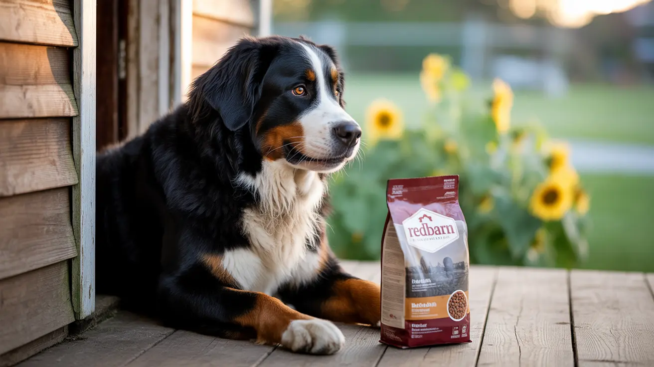 A Bernese Mountain Dog sitting next to a bag of Redbarn dog food on a wooden deck with sunflowers in the background.