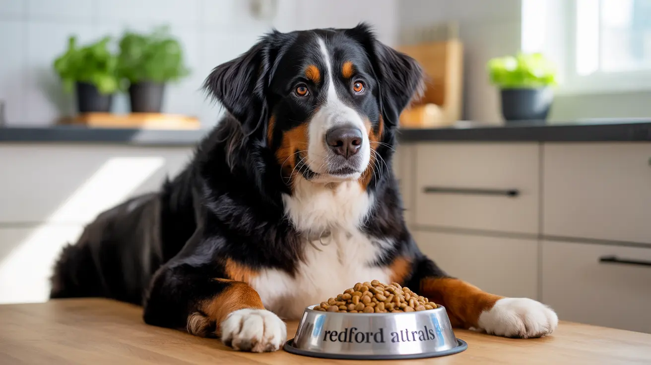 A Bernese Mountain Dog sitting beside a bowl of dog food in a modern kitchen