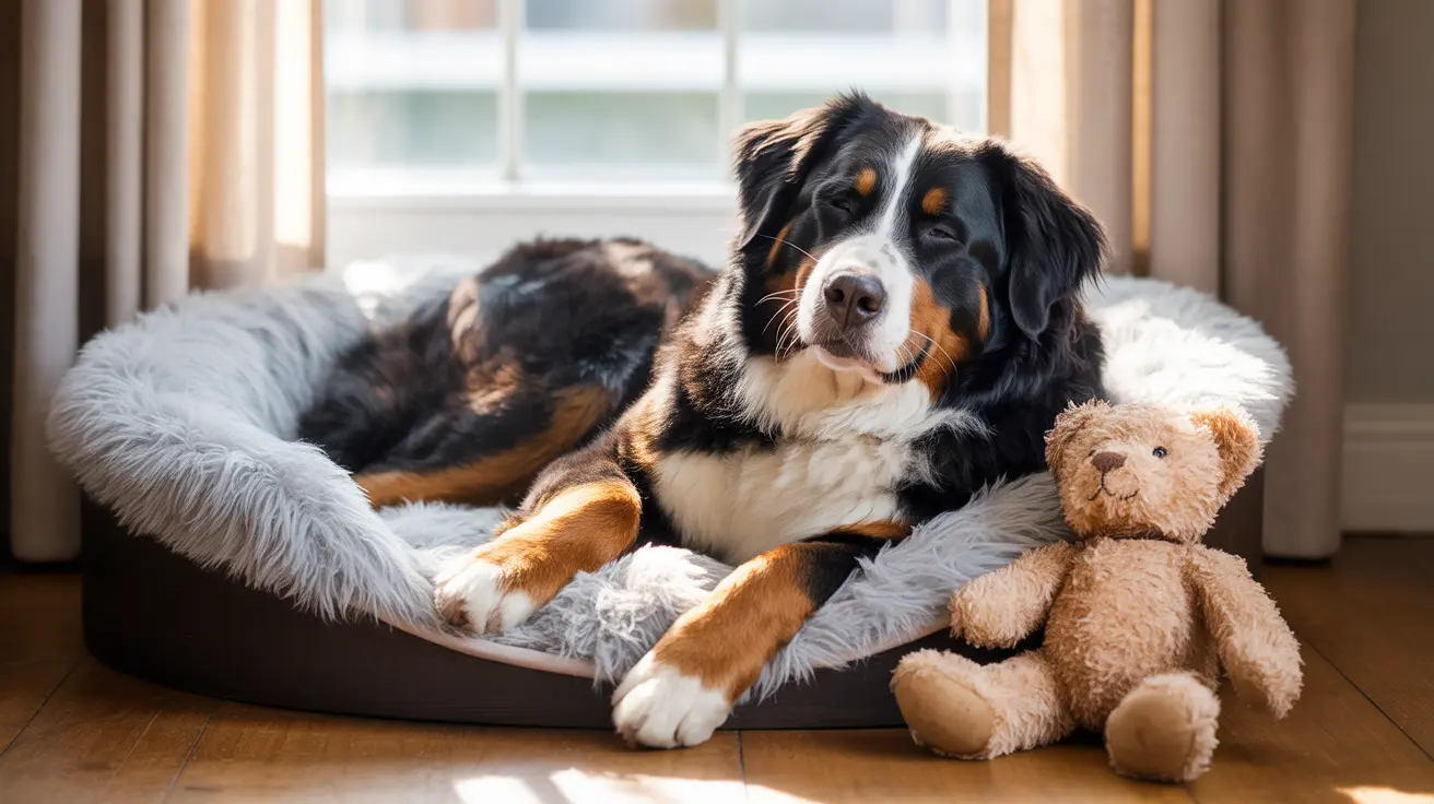 Bernese Mountain Dog resting comfortably on a fluffy gray dog bed near a window with a teddy bear
