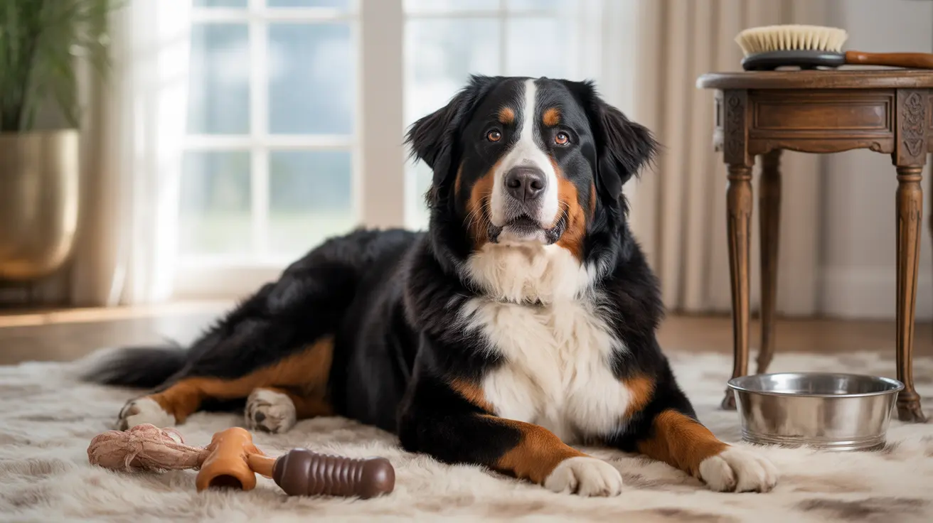 Majestic Bernese Mountain Dog lying calmly on a soft rug near a window with dog toys and a water bowl