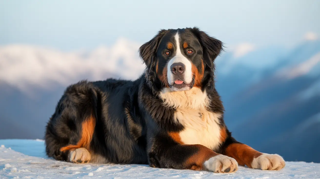A Bernese Mountain Dog sitting on a snowy surface with a blurred mountain landscape in the background.