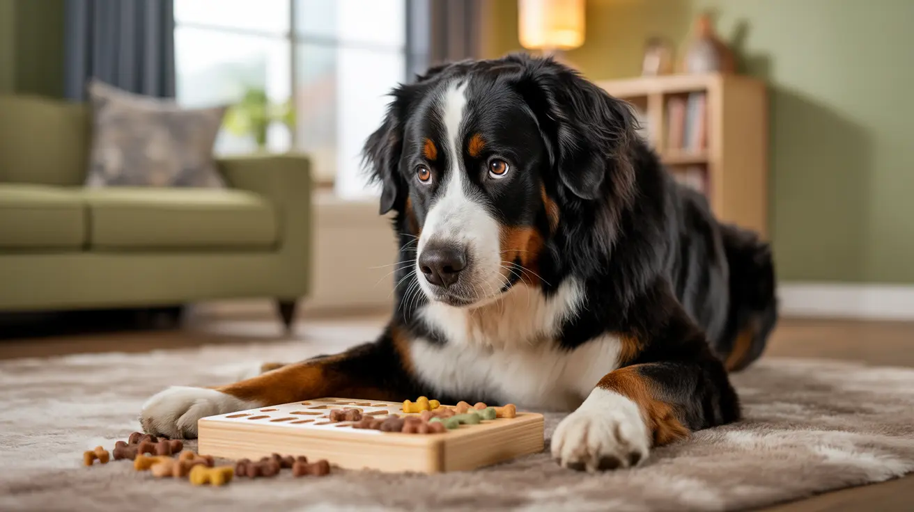 A Bernese Mountain Dog sitting on a plush rug with a wooden board of colorful dog treats in front of him