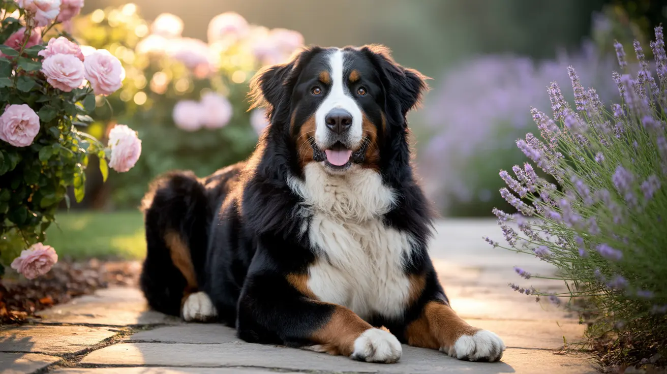 A Bernese Mountain Dog sitting calmly on a stone pathway surrounded by pink roses and lavender flowers