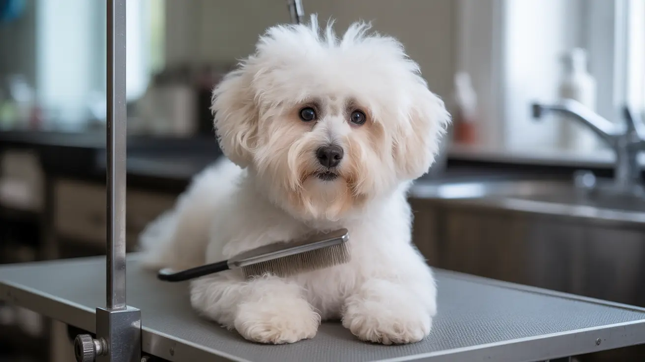 A fluffy white Bichon Frise sitting on a grooming table with a brush nearby