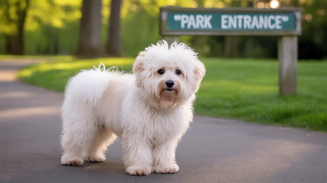 A fluffy white Bichon Frise standing near a park entrance sign on a paved pathway