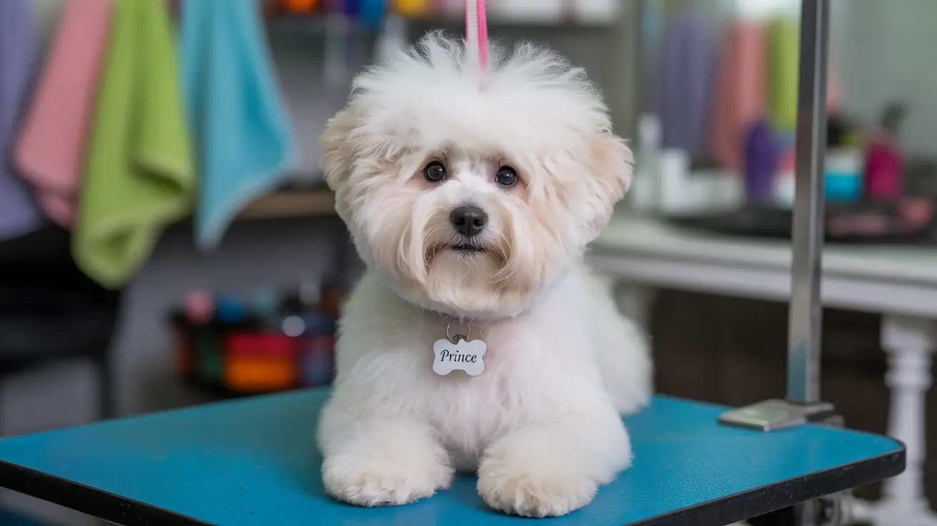Fluffy white Bichon Frise sitting on a blue grooming table wearing a name tag labeled 'Prince'