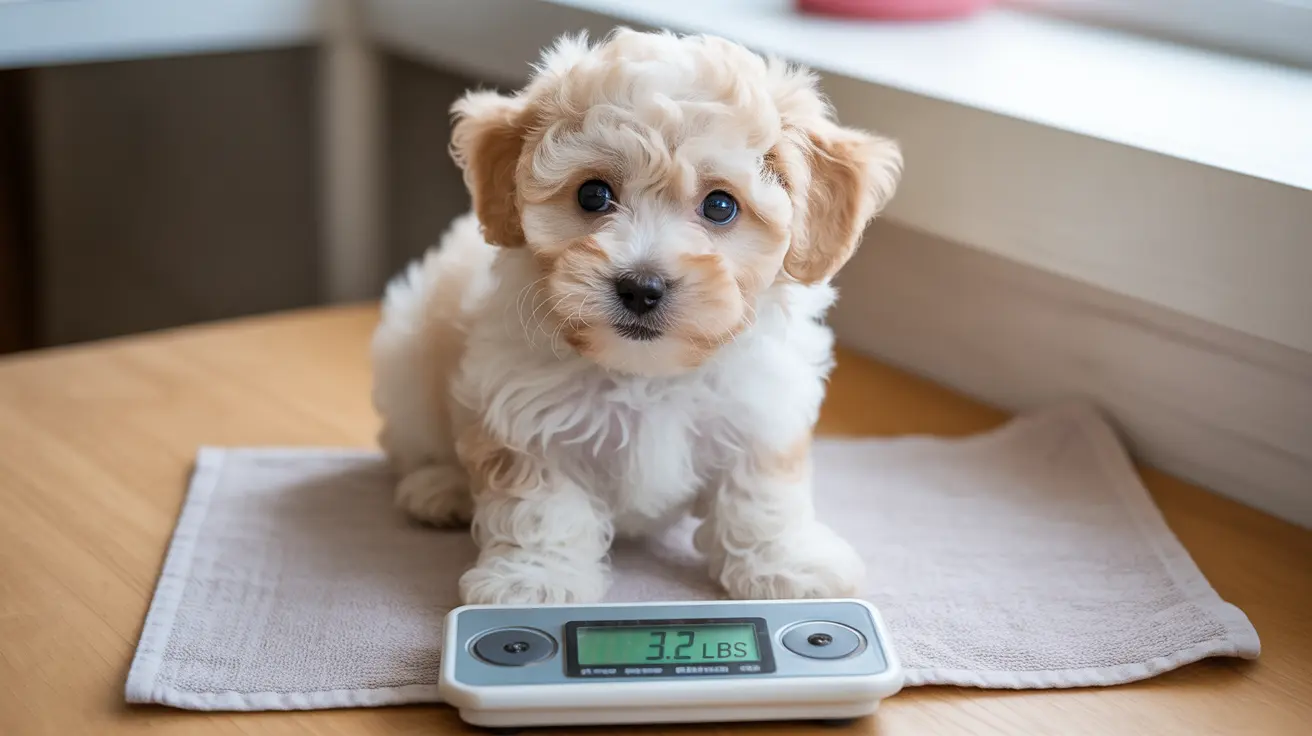 A tiny, fluffy puppy sitting on a light gray towel next to a digital scale showing its weight of 3.2 pounds.