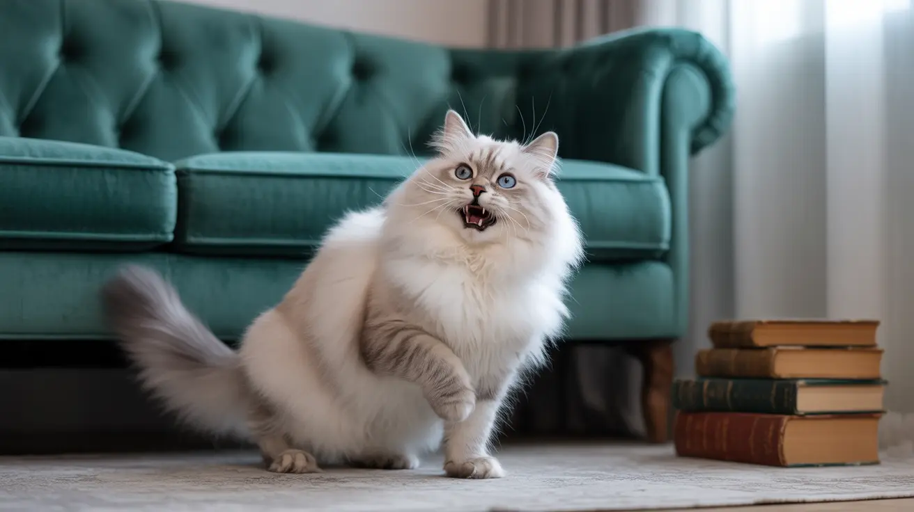 A fluffy white Birman cat with blue eyes on a carpet making a vocal expression