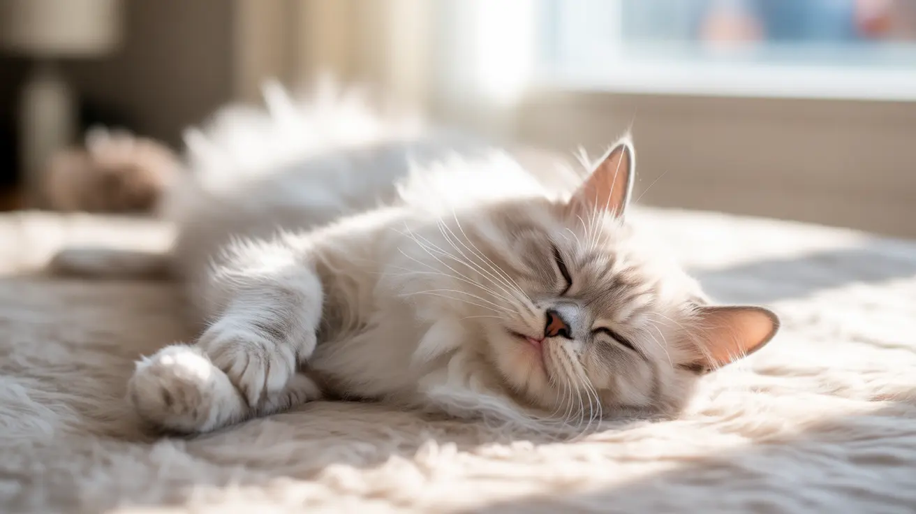 A fluffy white and cream Birman cat sleeping peacefully on a soft surface