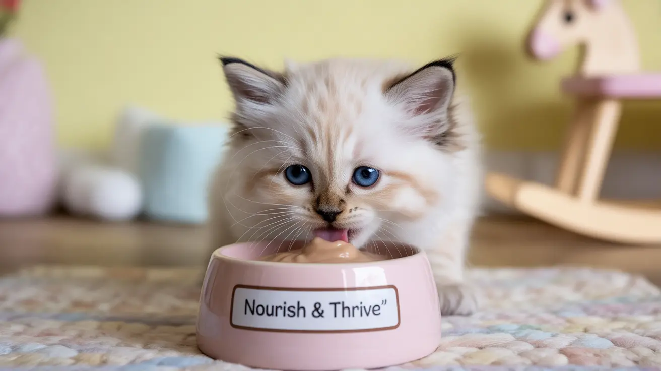 Young Birman kitten with blue eyes licking food from a pink Nourish & Thrive pet bowl