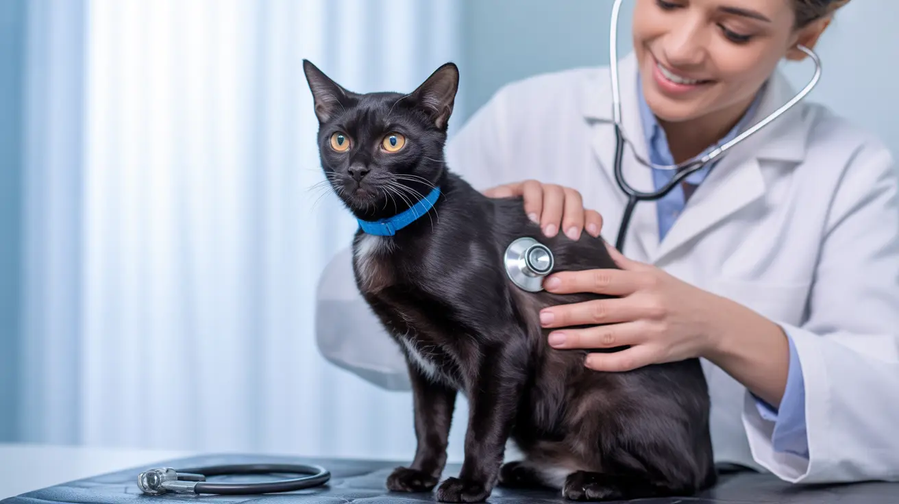 Un gato negro recibe un examen veterinario mientras un profesional médico utiliza un estetoscopio.