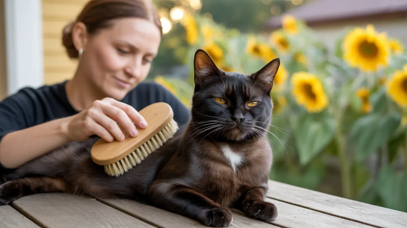 A black and brown cat being brushed by a person outdoors near sunflowers