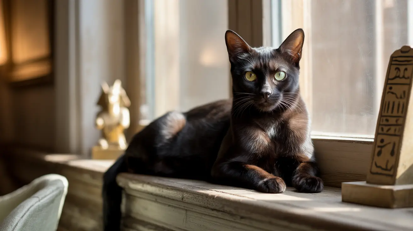 A sleek black Burmese cat sitting alertly on a windowsill with bright, focused green eyes