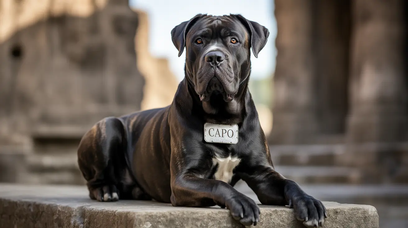 A strong and regal black Cane Corso dog sitting on stone steps, wearing a name tag that reads 'CAPO'.