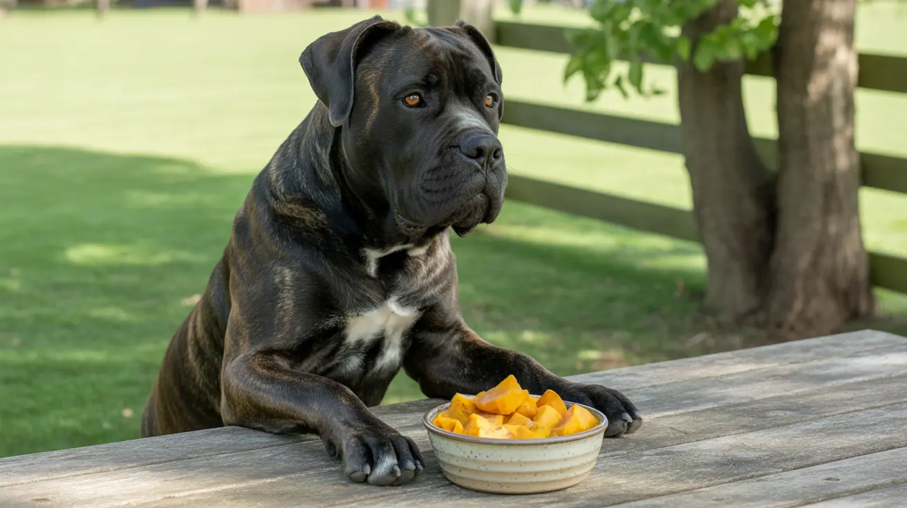 A black Cane Corso next to a bowl of yellow cubed fruit on a wooden table
