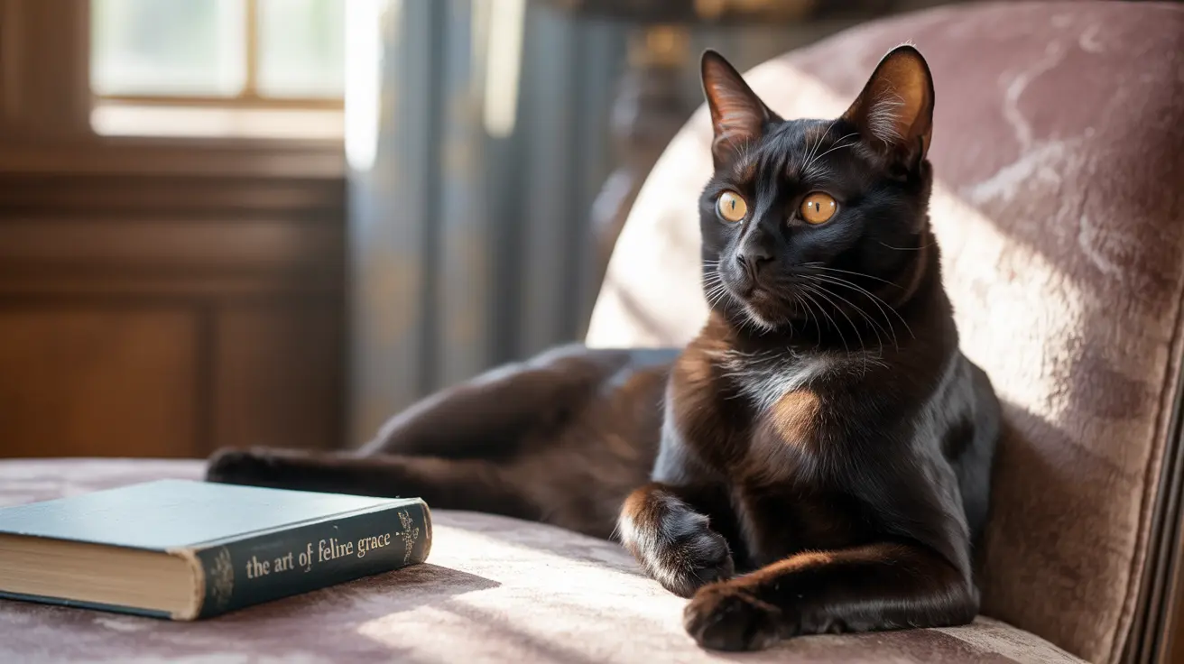 A sleek black cat with golden eyes sitting on a soft chair next to a book about feline grace