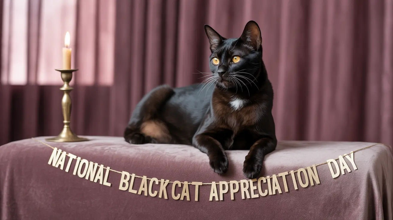 A majestic black cat with golden eyes sitting elegantly on a pink velvet surface with a 'National Black Cat Appreciation Day' banner