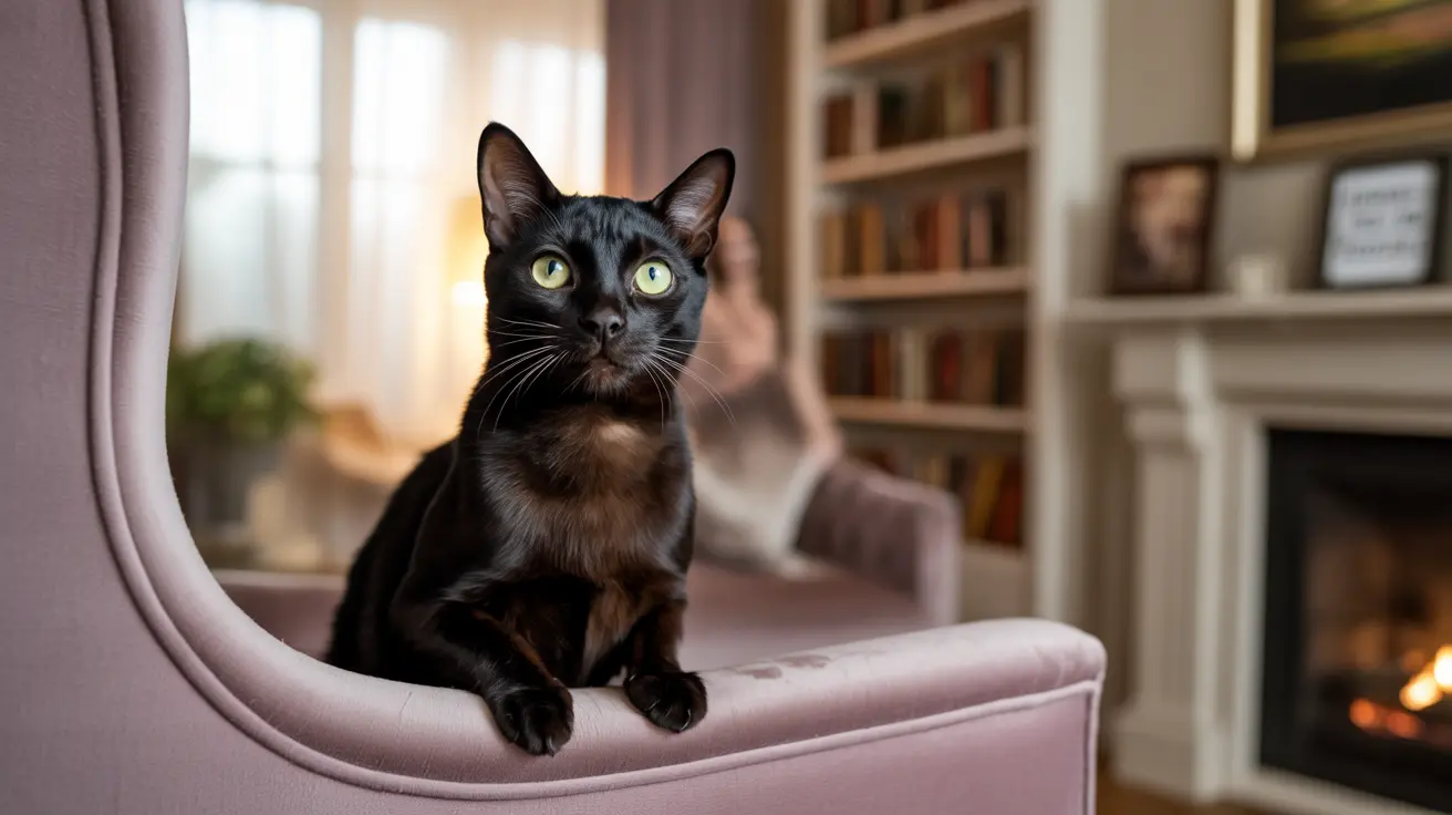 A sleek black cat with striking green eyes sitting alertly on a pink upholstered chair