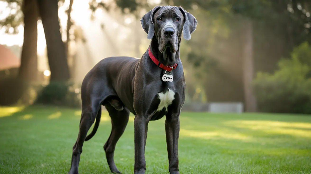 Majestic black Great Dane standing alertly on a lush green lawn with soft morning light filtering through trees